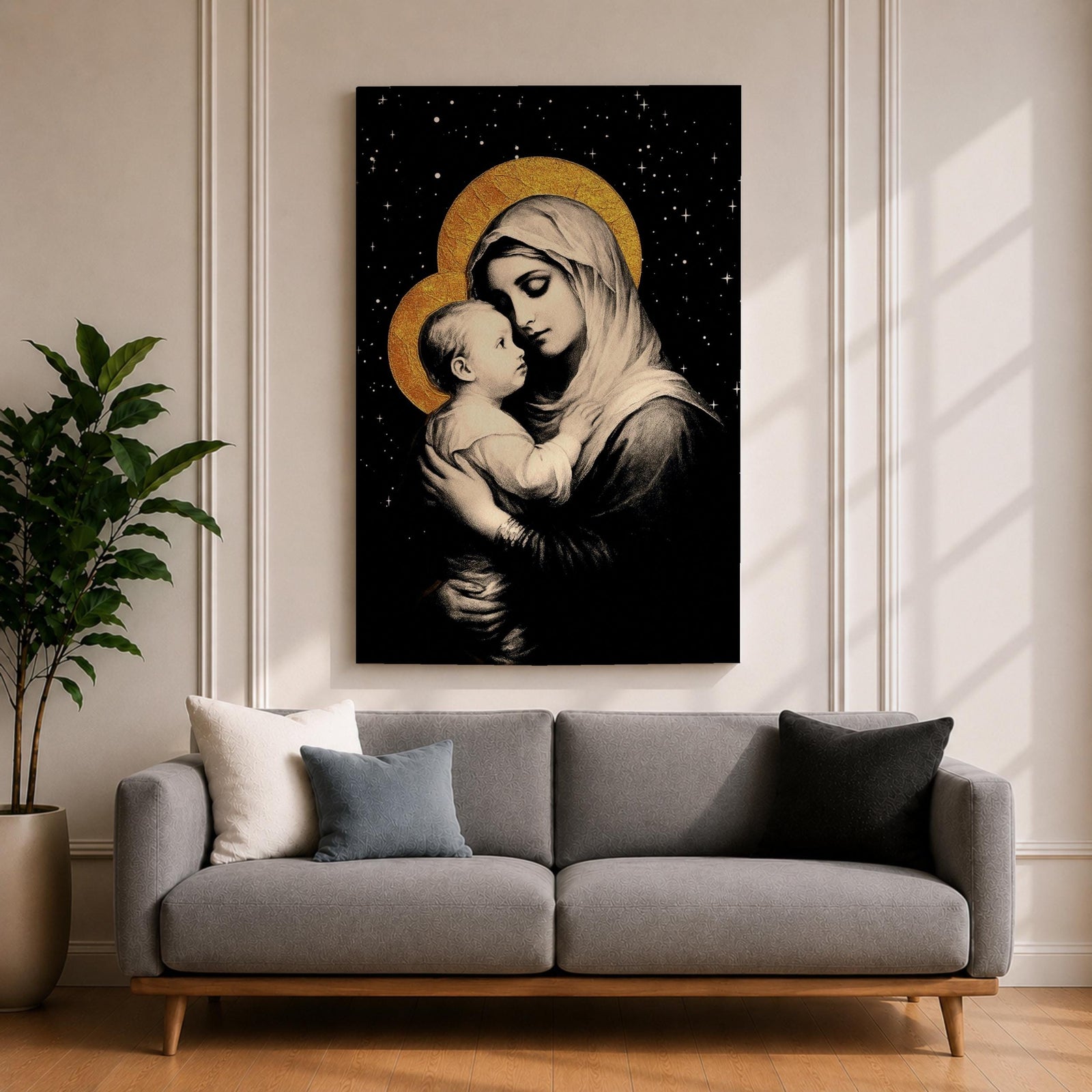 A framed canvas artwork depicting Madonna and Child with golden halos against a starry black background. The image shows the Virgin Mary tenderly holding the infant Jesus, rendered in a classical style with detailed shading and a serene expression, emphasizing their close bond.