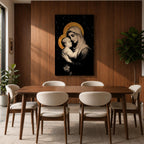 A framed canvas artwork depicting Madonna and Child with golden halos against a starry black background. The image shows the Virgin Mary tenderly holding the infant Jesus, rendered in a classical style with detailed shading and a serene expression, emphasizing their close bond.