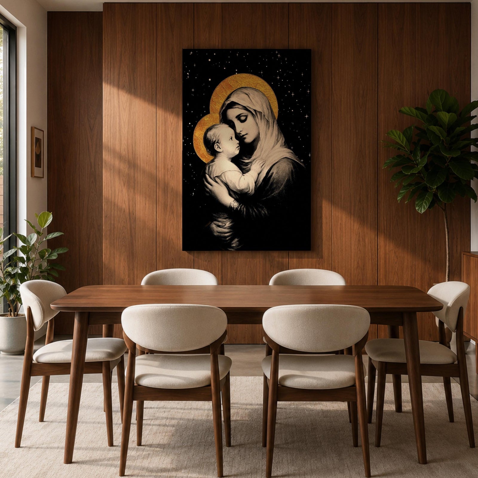 A framed canvas artwork depicting Madonna and Child with golden halos against a starry black background. The image shows the Virgin Mary tenderly holding the infant Jesus, rendered in a classical style with detailed shading and a serene expression, emphasizing their close bond.