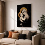 A framed canvas artwork depicting Madonna and Child with golden halos against a starry black background. The image shows the Virgin Mary tenderly holding the infant Jesus, rendered in a classical style with detailed shading and a serene expression, emphasizing their close bond.