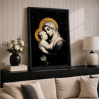 A framed canvas artwork depicting Madonna and Child with golden halos against a starry black background. The image shows the Virgin Mary tenderly holding the infant Jesus, rendered in a classical style with detailed shading and a serene expression, emphasizing their close bond.