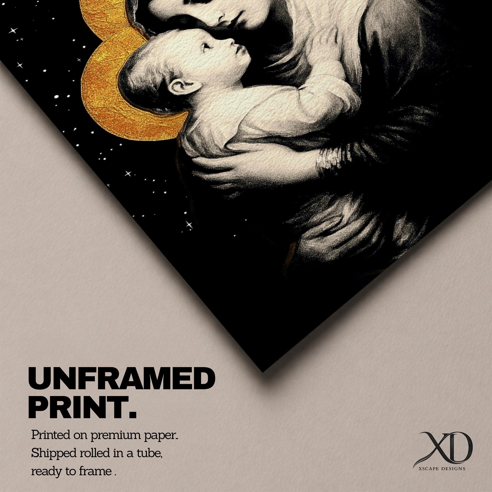 A framed canvas artwork depicting Madonna and Child with golden halos against a starry black background. The image shows the Virgin Mary tenderly holding the infant Jesus, rendered in a classical style with detailed shading and a serene expression, emphasizing their close bond.