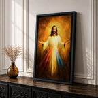 A devotional depiction of Jesus as the Divine Mercy standing with one hand raised in blessing and the other pointing to his heart, from which two radiant rays of red and pale light stream forward, rendered in traditional Catholic devotional style with soft glowing light and reverent composition centered on the Merciful Savior.