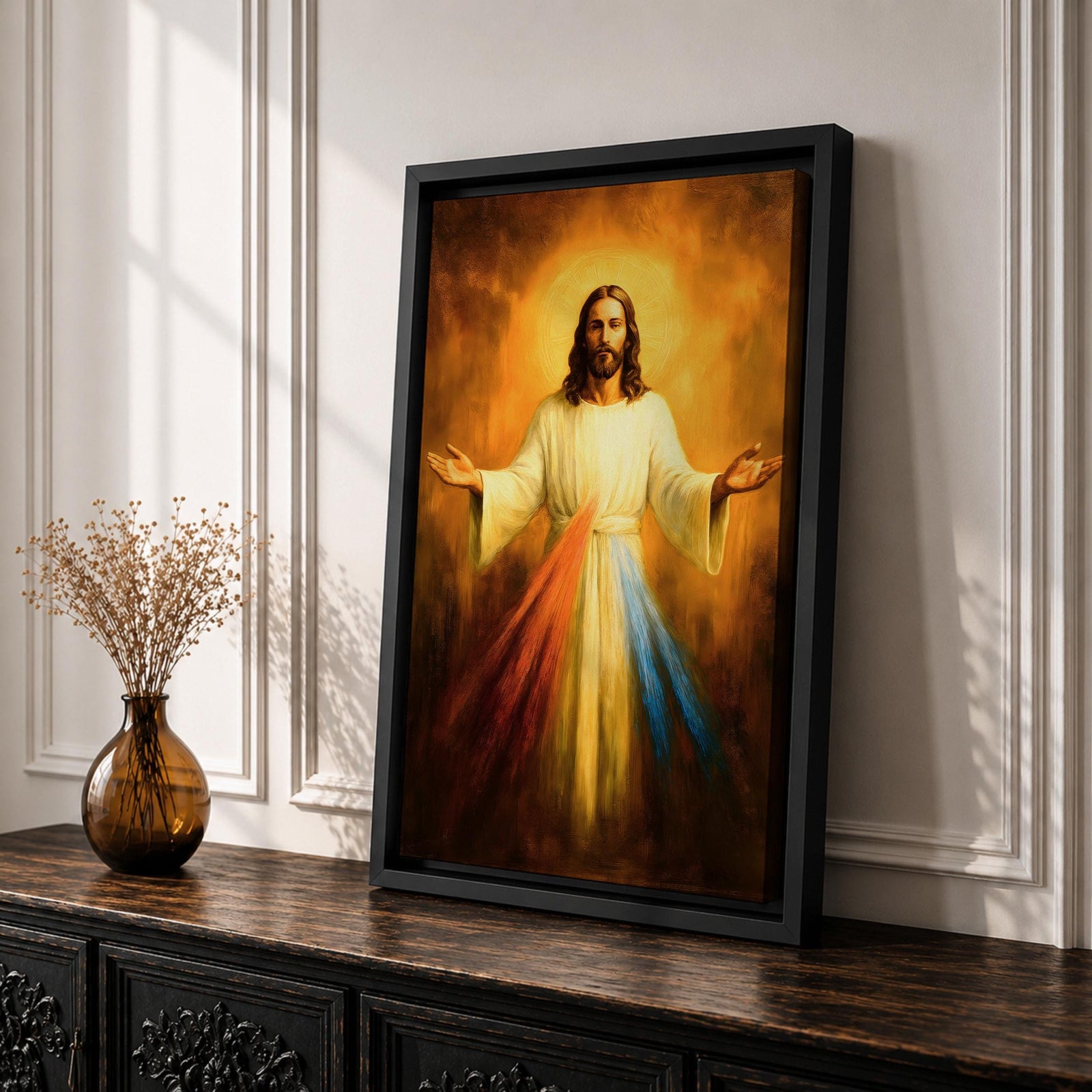 A devotional depiction of Jesus as the Divine Mercy standing with one hand raised in blessing and the other pointing to his heart, from which two radiant rays of red and pale light stream forward, rendered in traditional Catholic devotional style with soft glowing light and reverent composition centered on the Merciful Savior.