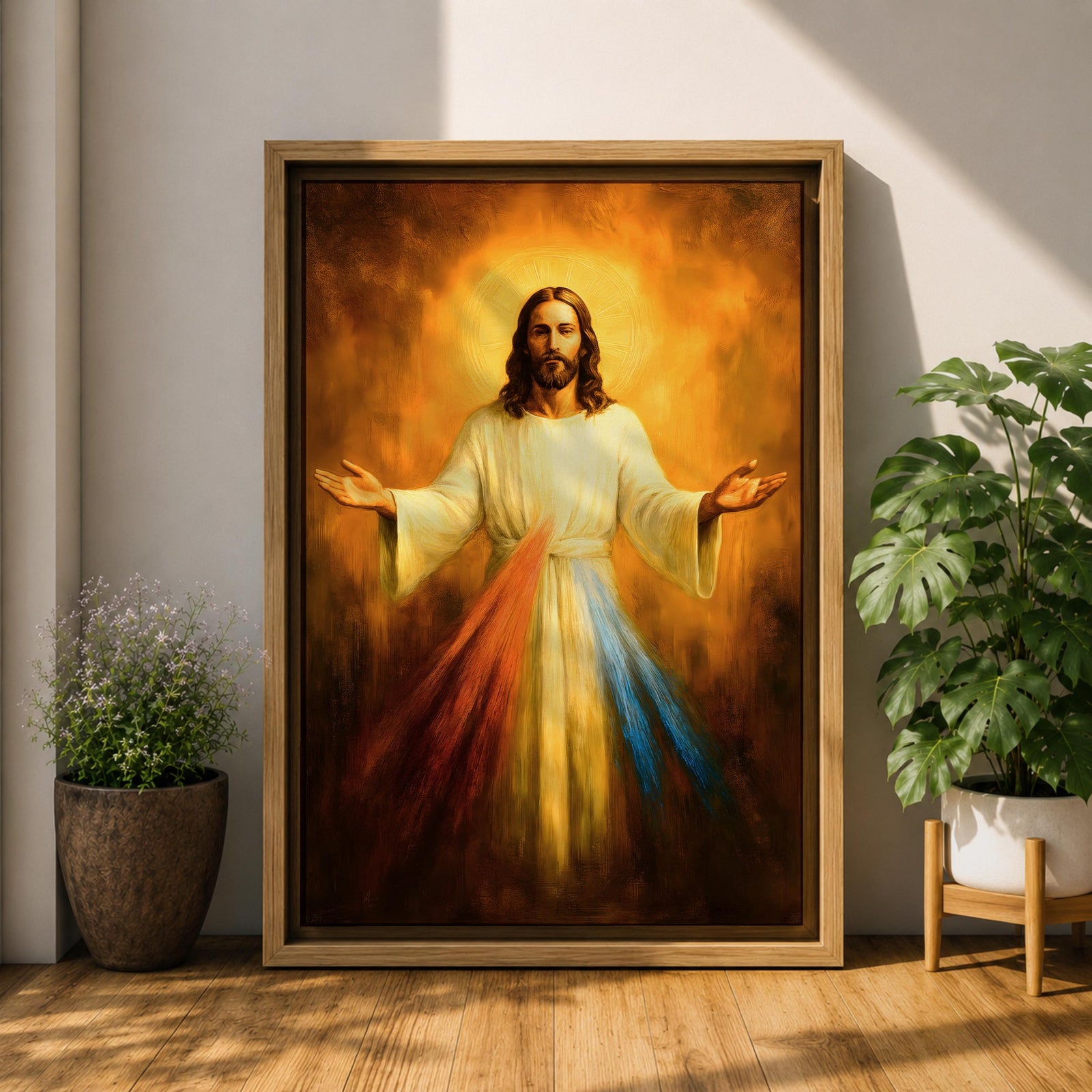 A devotional depiction of Jesus as the Divine Mercy standing with one hand raised in blessing and the other pointing to his heart, from which two radiant rays of red and pale light stream forward, rendered in traditional Catholic devotional style with soft glowing light and reverent composition centered on the Merciful Savior.