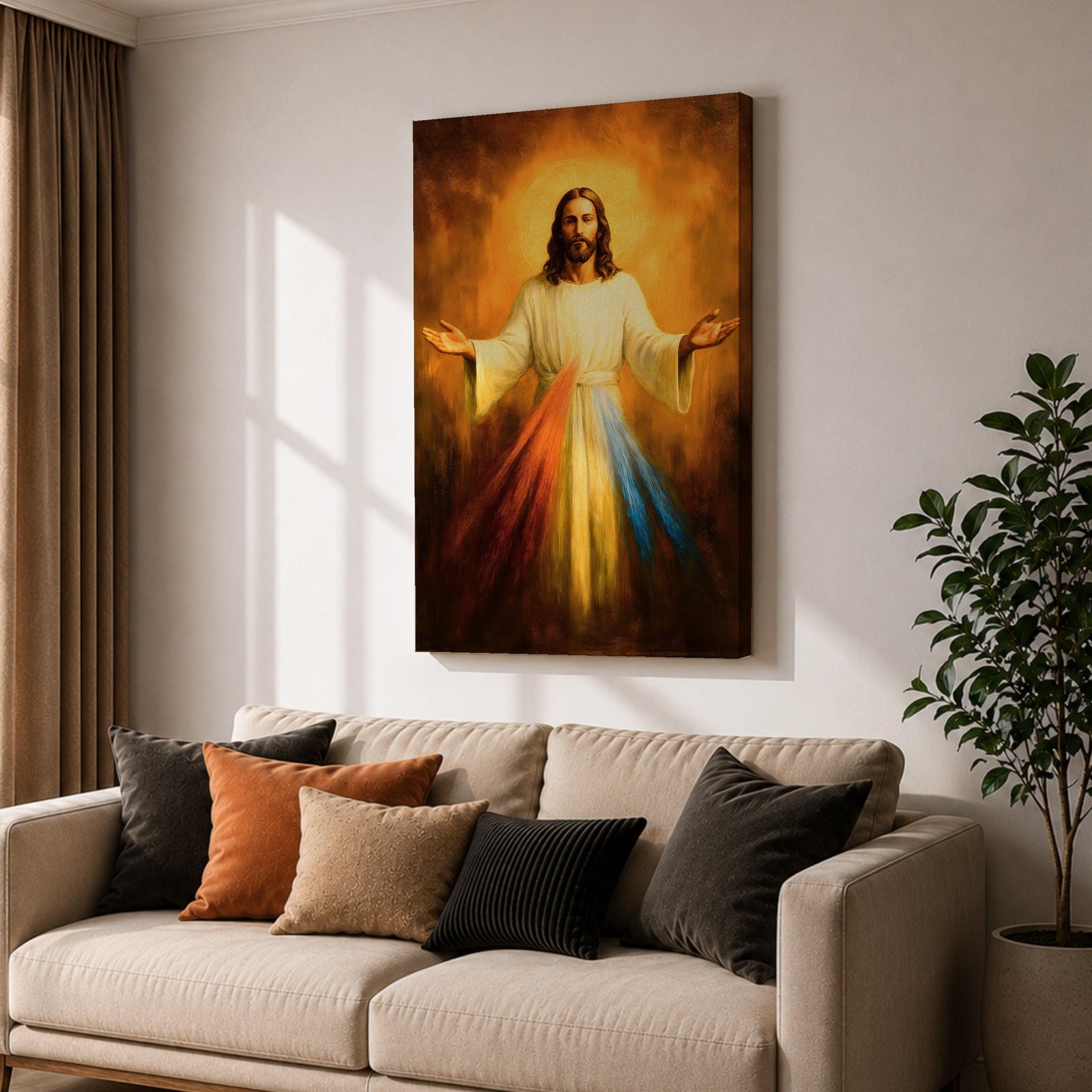 A devotional depiction of Jesus as the Divine Mercy standing with one hand raised in blessing and the other pointing to his heart, from which two radiant rays of red and pale light stream forward, rendered in traditional Catholic devotional style with soft glowing light and reverent composition centered on the Merciful Savior.