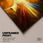 A devotional depiction of Jesus as the Divine Mercy standing with one hand raised in blessing and the other pointing to his heart, from which two radiant rays of red and pale light stream forward, rendered in traditional Catholic devotional style with soft glowing light and reverent composition centered on the Merciful Savior.