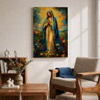 An impressionist style painting of the Virgin Mary standing with hands clasped in prayer, draped in a blue cloak and surrounded by colorful floral elements. The artwork captures a soft, textured brushstroke technique emphasizing spiritual reverence and vibrant natural surroundings.