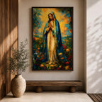 An impressionist style painting of the Virgin Mary standing with hands clasped in prayer, draped in a blue cloak and surrounded by colorful floral elements. The artwork captures a soft, textured brushstroke technique emphasizing spiritual reverence and vibrant natural surroundings.