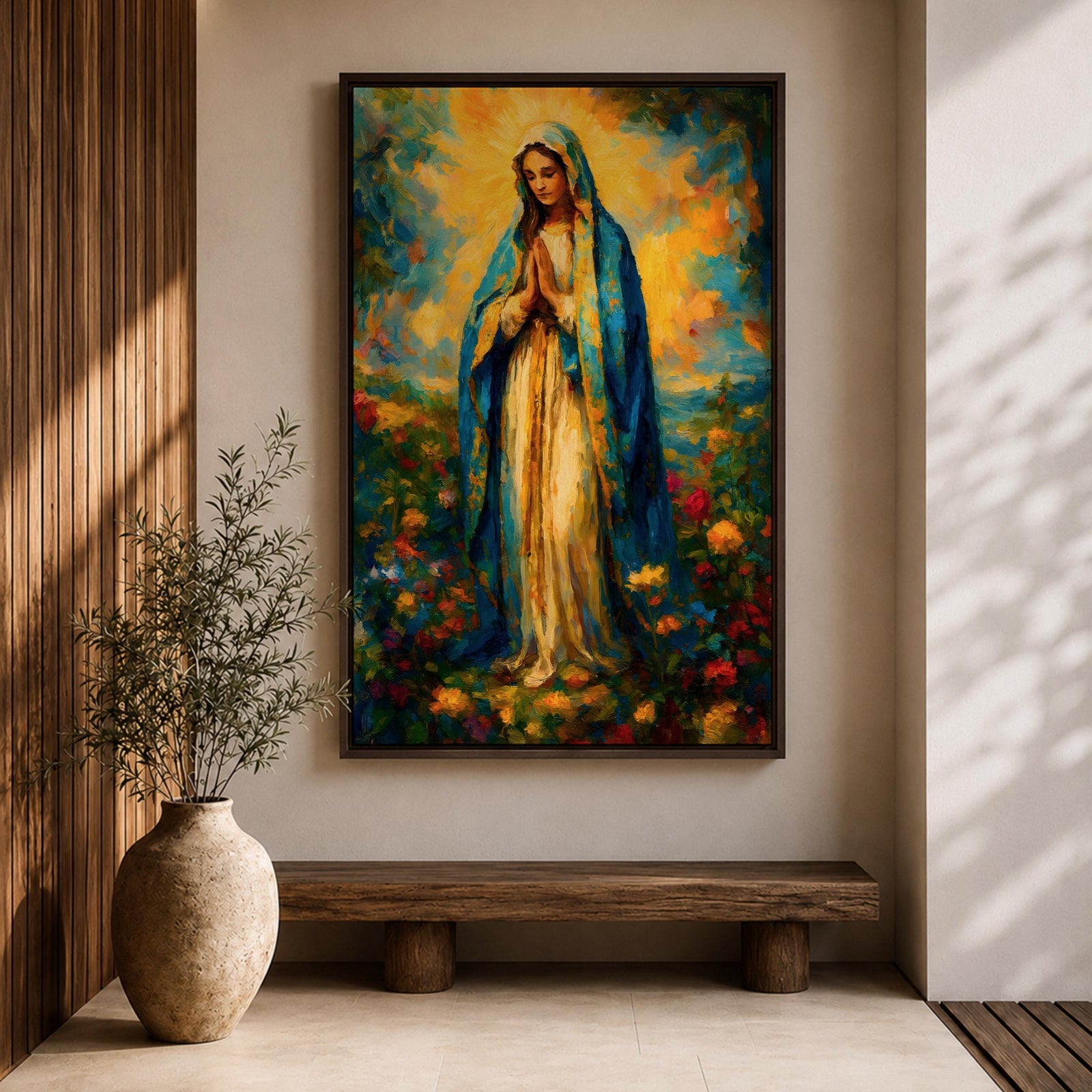 An impressionist style painting of the Virgin Mary standing with hands clasped in prayer, draped in a blue cloak and surrounded by colorful floral elements. The artwork captures a soft, textured brushstroke technique emphasizing spiritual reverence and vibrant natural surroundings.