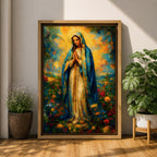 An impressionist style painting of the Virgin Mary standing with hands clasped in prayer, draped in a blue cloak and surrounded by colorful floral elements. The artwork captures a soft, textured brushstroke technique emphasizing spiritual reverence and vibrant natural surroundings.