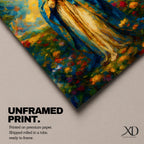 An impressionist style painting of the Virgin Mary standing with hands clasped in prayer, draped in a blue cloak and surrounded by colorful floral elements. The artwork captures a soft, textured brushstroke technique emphasizing spiritual reverence and vibrant natural surroundings.