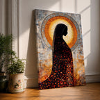 A depiction of the Virgin Mary shown in prayer with hands gently clasped and head bowed, rendered as a Blessed Madonna in an abstract Marian style with flowing shapes, soft layered textures, and luminous tones that form a serene composition centered on the contemplative figure of the praying Virgin Mary.