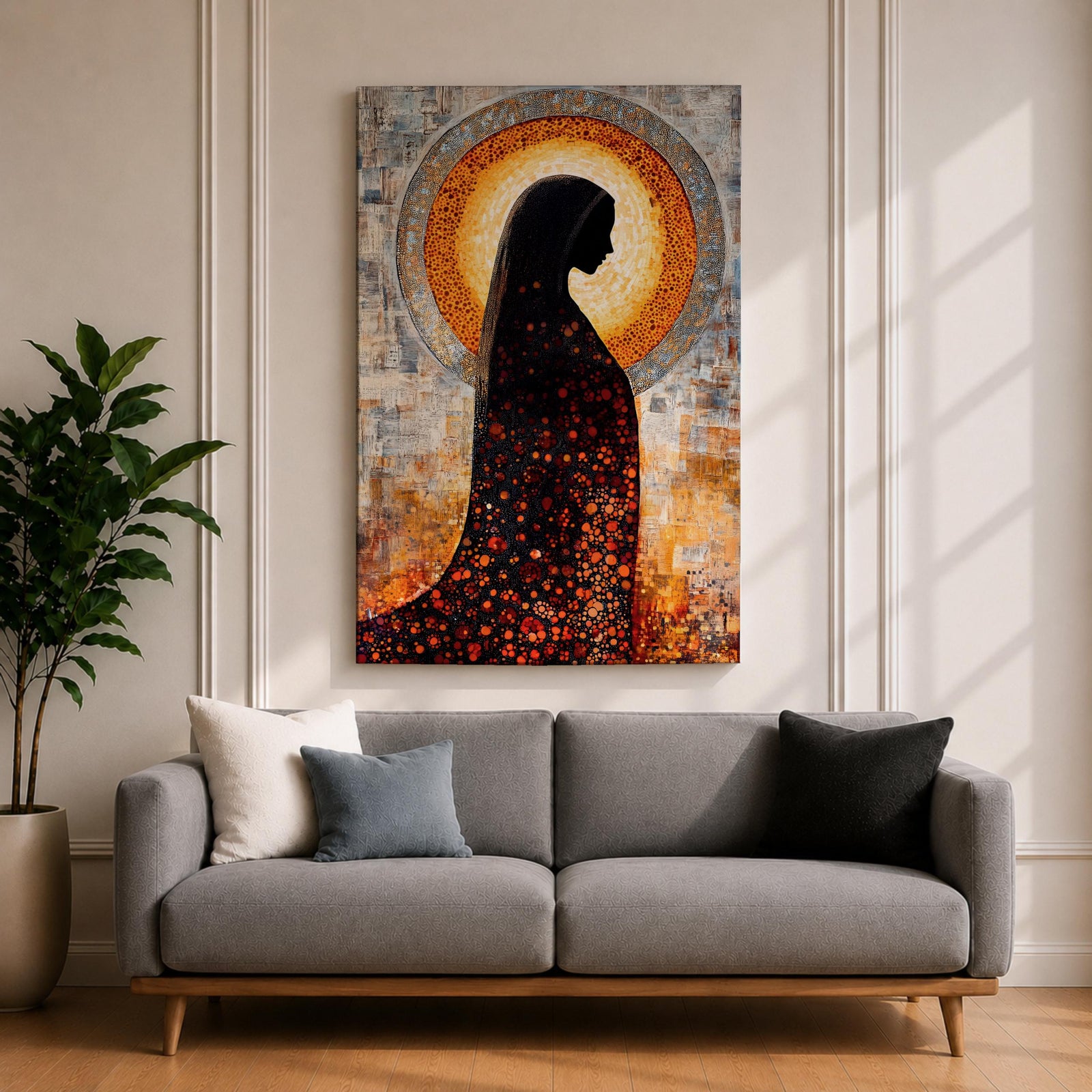 A depiction of the Virgin Mary shown in prayer with hands gently clasped and head bowed, rendered as a Blessed Madonna in an abstract Marian style with flowing shapes, soft layered textures, and luminous tones that form a serene composition centered on the contemplative figure of the praying Virgin Mary.