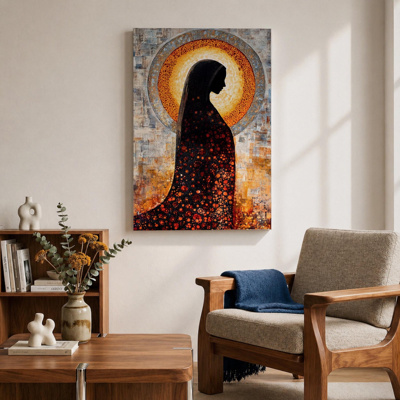 A depiction of the Virgin Mary shown in prayer with hands gently clasped and head bowed, rendered as a Blessed Madonna in an abstract Marian style with flowing shapes, soft layered textures, and luminous tones that form a serene composition centered on the contemplative figure of the praying Virgin Mary.