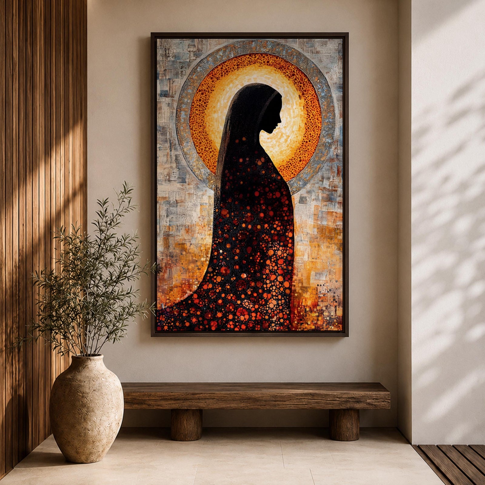 A depiction of the Virgin Mary shown in prayer with hands gently clasped and head bowed, rendered as a Blessed Madonna in an abstract Marian style with flowing shapes, soft layered textures, and luminous tones that form a serene composition centered on the contemplative figure of the praying Virgin Mary.