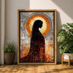 A depiction of the Virgin Mary shown in prayer with hands gently clasped and head bowed, rendered as a Blessed Madonna in an abstract Marian style with flowing shapes, soft layered textures, and luminous tones that form a serene composition centered on the contemplative figure of the praying Virgin Mary.