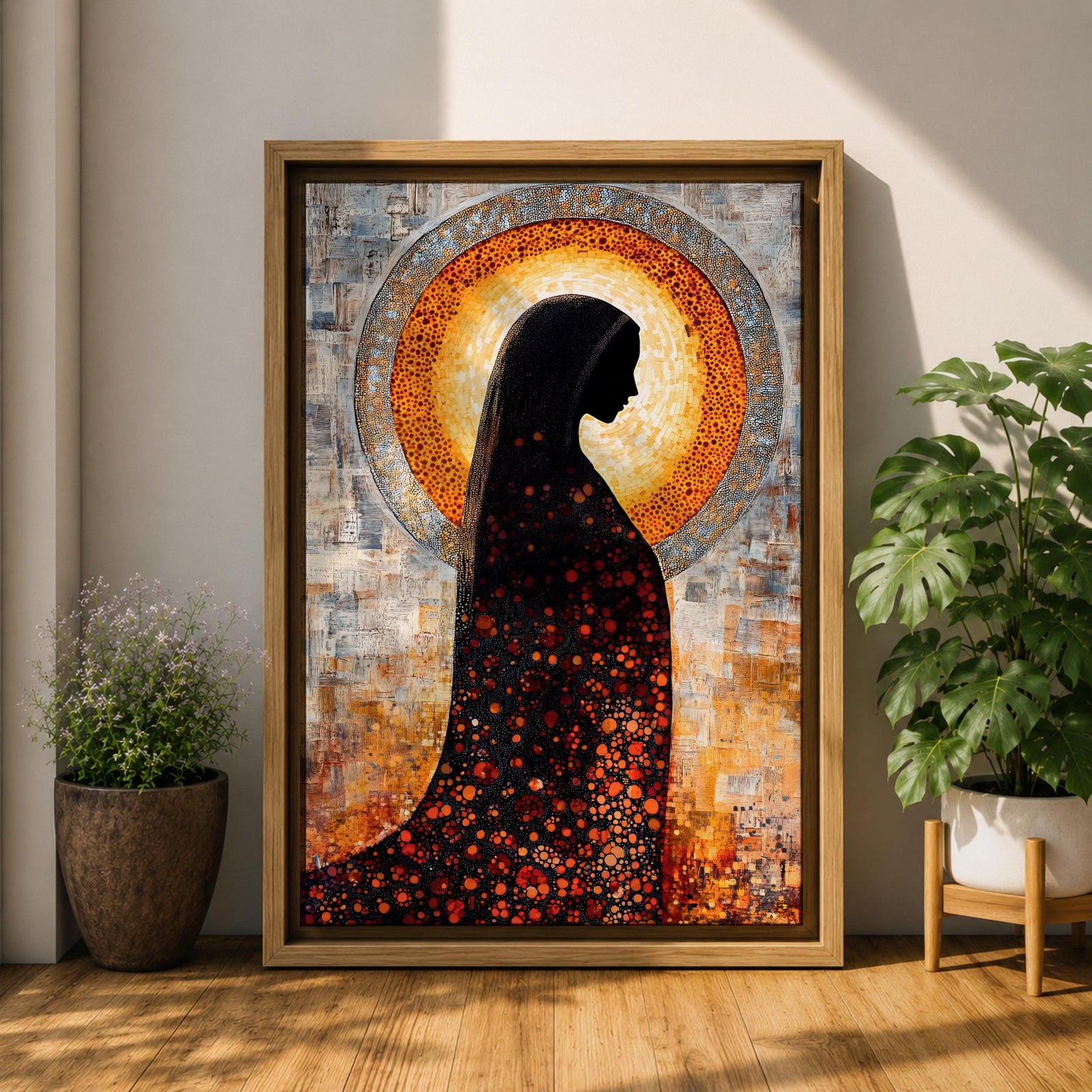 A depiction of the Virgin Mary shown in prayer with hands gently clasped and head bowed, rendered as a Blessed Madonna in an abstract Marian style with flowing shapes, soft layered textures, and luminous tones that form a serene composition centered on the contemplative figure of the praying Virgin Mary.