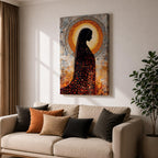 A depiction of the Virgin Mary shown in prayer with hands gently clasped and head bowed, rendered as a Blessed Madonna in an abstract Marian style with flowing shapes, soft layered textures, and luminous tones that form a serene composition centered on the contemplative figure of the praying Virgin Mary.