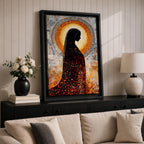 A depiction of the Virgin Mary shown in prayer with hands gently clasped and head bowed, rendered as a Blessed Madonna in an abstract Marian style with flowing shapes, soft layered textures, and luminous tones that form a serene composition centered on the contemplative figure of the praying Virgin Mary.
