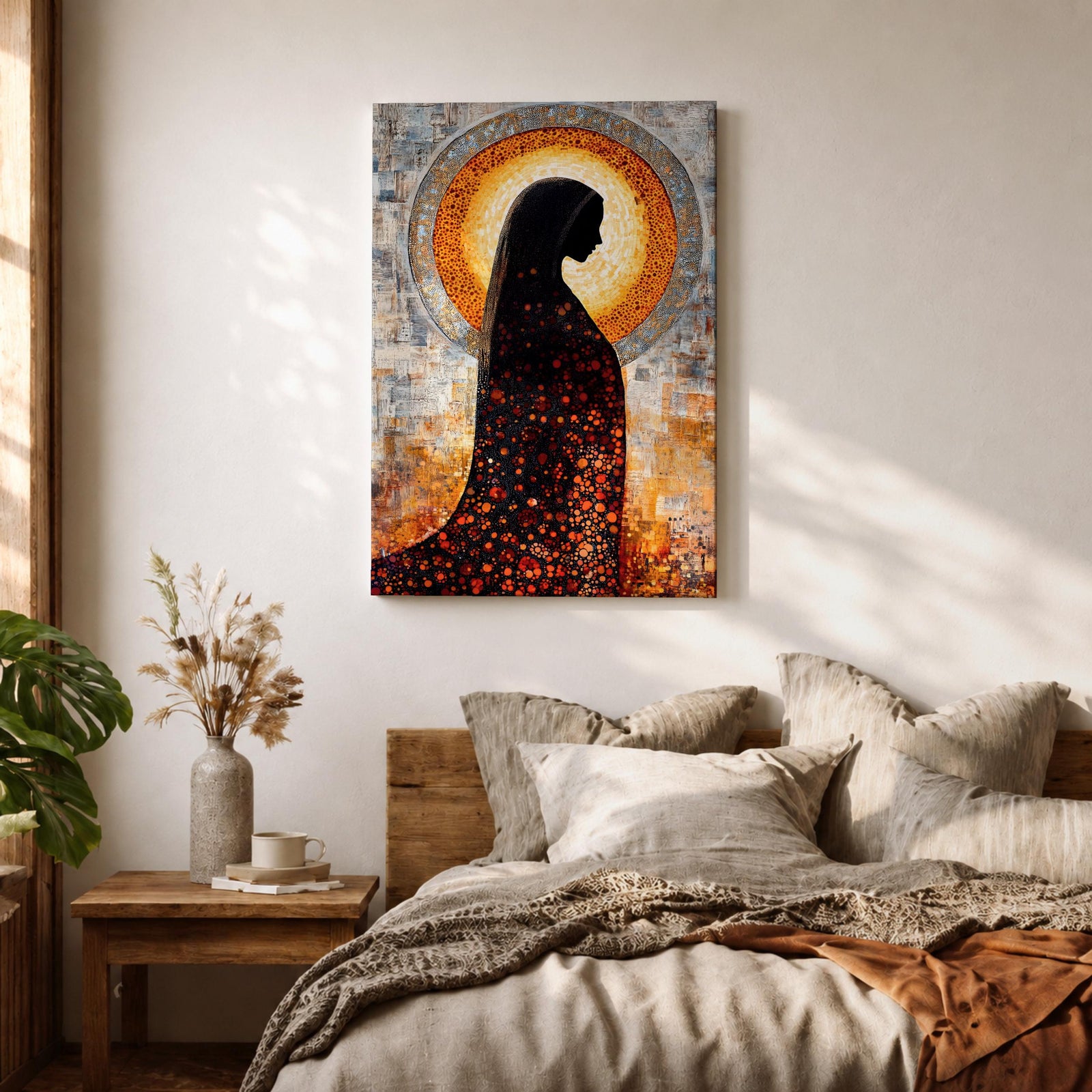 A depiction of the Virgin Mary shown in prayer with hands gently clasped and head bowed, rendered as a Blessed Madonna in an abstract Marian style with flowing shapes, soft layered textures, and luminous tones that form a serene composition centered on the contemplative figure of the praying Virgin Mary.
