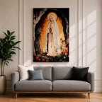 A devotional depiction of Our Lady of Lourdes standing in prayer within a rocky grotto, wearing a flowing white robe with a pale blue sash and veil, hands clasped and eyes gently lowered, with delicate roses near her feet and soft radiant light surrounding the figure, rendered in traditional Catholic Marian devotional style.