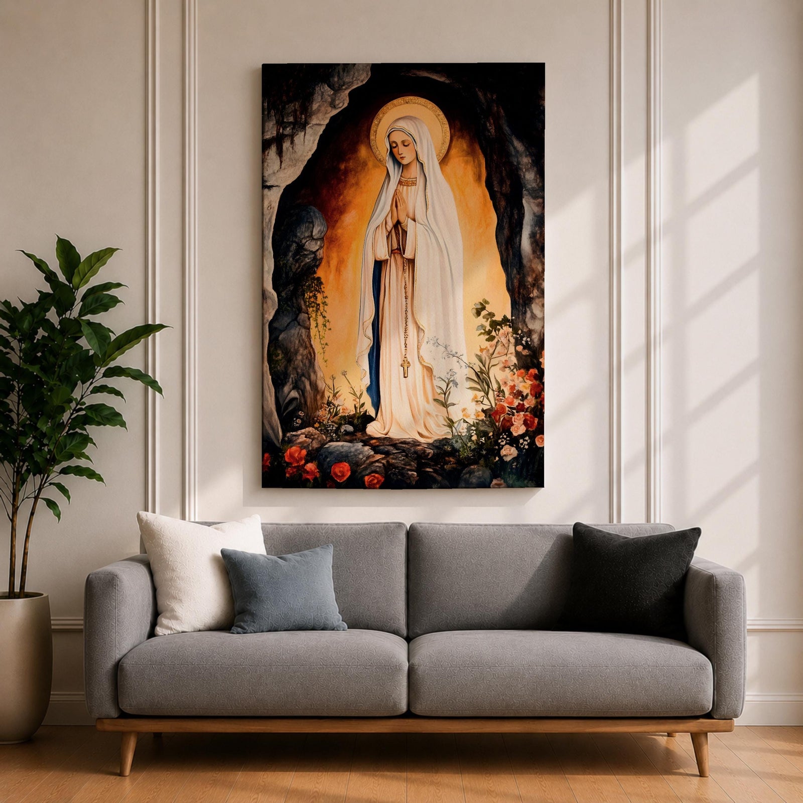 A devotional depiction of Our Lady of Lourdes standing in prayer within a rocky grotto, wearing a flowing white robe with a pale blue sash and veil, hands clasped and eyes gently lowered, with delicate roses near her feet and soft radiant light surrounding the figure, rendered in traditional Catholic Marian devotional style.