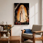 A devotional depiction of Our Lady of Lourdes standing in prayer within a rocky grotto, wearing a flowing white robe with a pale blue sash and veil, hands clasped and eyes gently lowered, with delicate roses near her feet and soft radiant light surrounding the figure, rendered in traditional Catholic Marian devotional style.