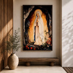 A devotional depiction of Our Lady of Lourdes standing in prayer within a rocky grotto, wearing a flowing white robe with a pale blue sash and veil, hands clasped and eyes gently lowered, with delicate roses near her feet and soft radiant light surrounding the figure, rendered in traditional Catholic Marian devotional style.
