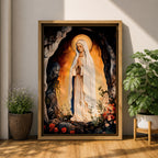 A devotional depiction of Our Lady of Lourdes standing in prayer within a rocky grotto, wearing a flowing white robe with a pale blue sash and veil, hands clasped and eyes gently lowered, with delicate roses near her feet and soft radiant light surrounding the figure, rendered in traditional Catholic Marian devotional style.
