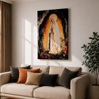 A devotional depiction of Our Lady of Lourdes standing in prayer within a rocky grotto, wearing a flowing white robe with a pale blue sash and veil, hands clasped and eyes gently lowered, with delicate roses near her feet and soft radiant light surrounding the figure, rendered in traditional Catholic Marian devotional style.