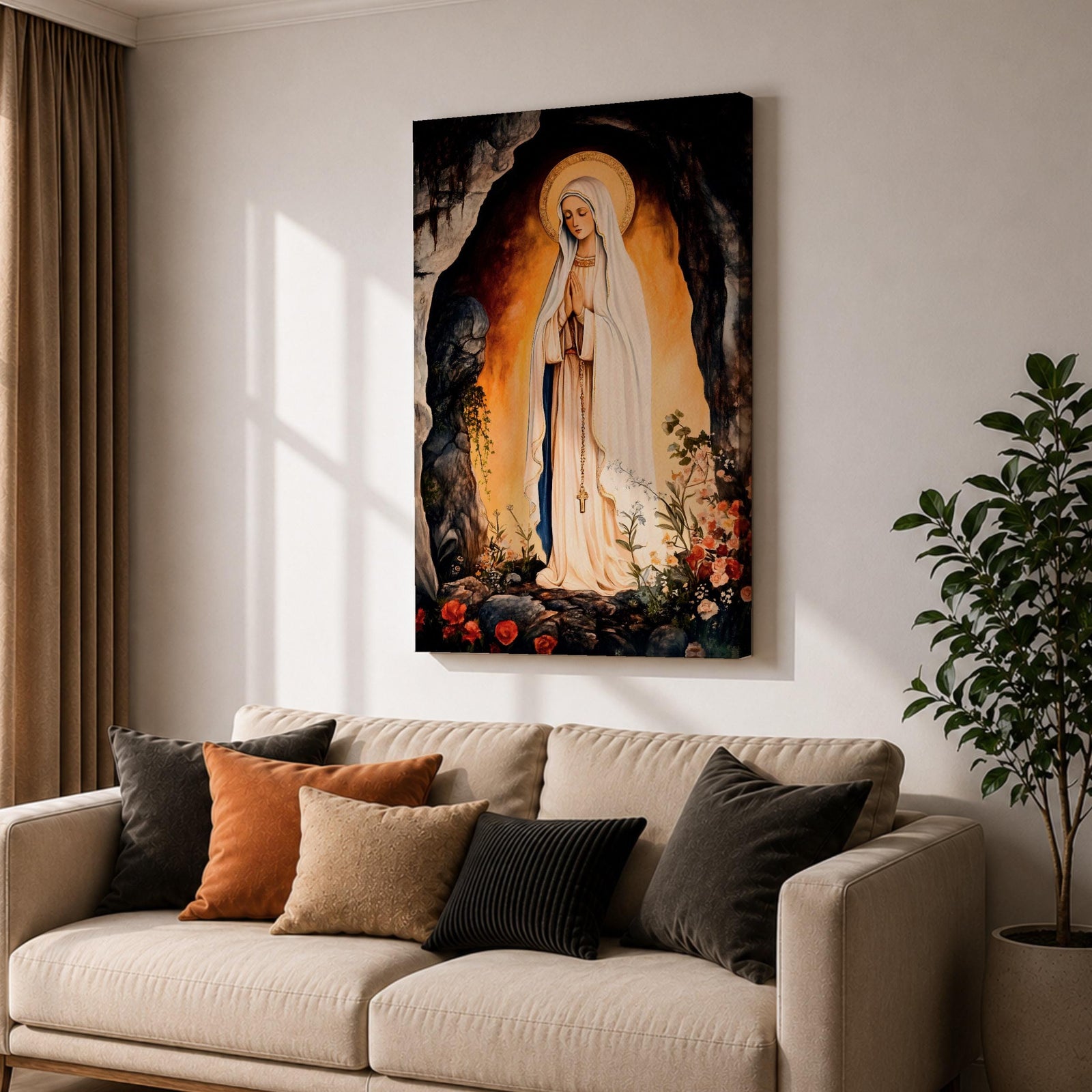 A devotional depiction of Our Lady of Lourdes standing in prayer within a rocky grotto, wearing a flowing white robe with a pale blue sash and veil, hands clasped and eyes gently lowered, with delicate roses near her feet and soft radiant light surrounding the figure, rendered in traditional Catholic Marian devotional style.