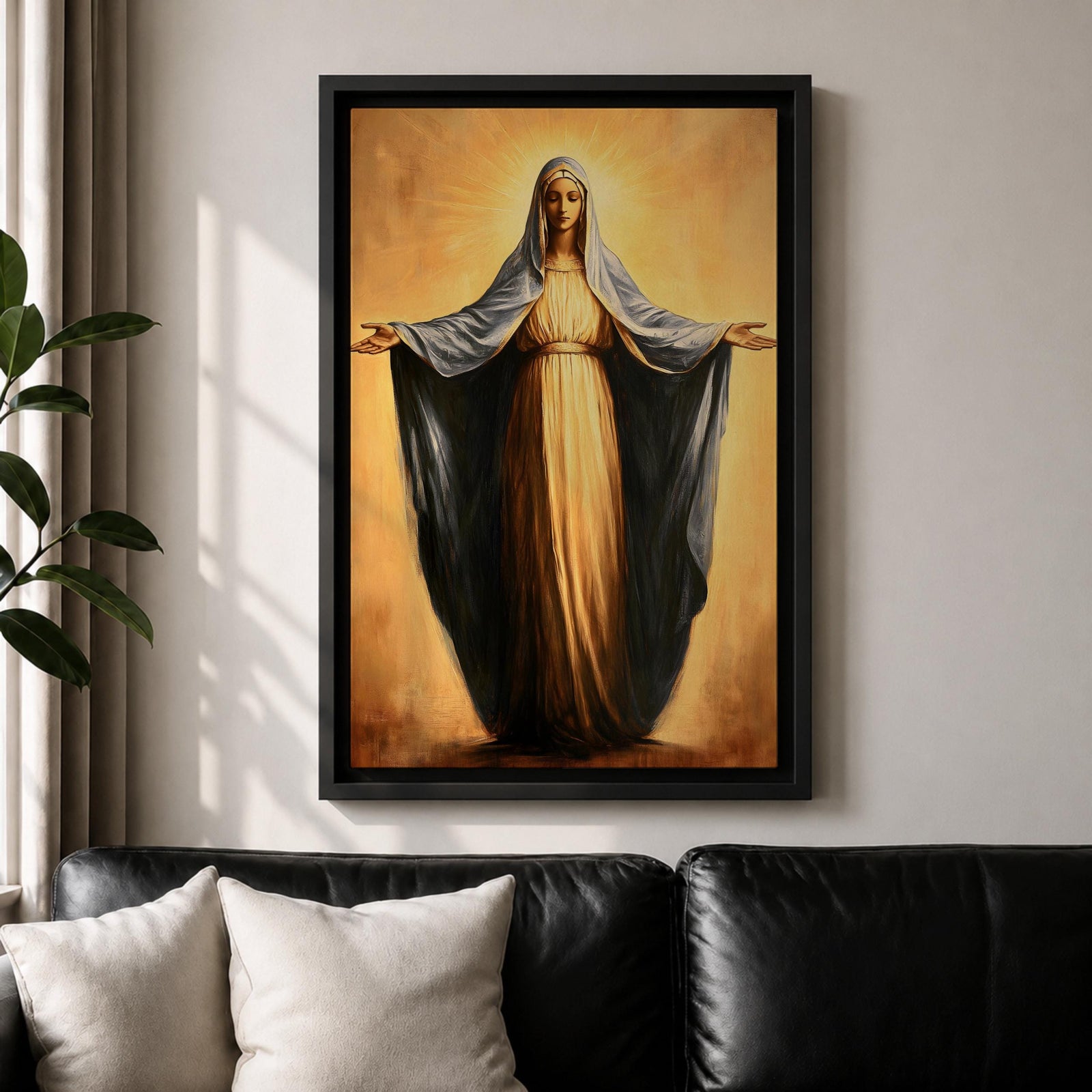 Vintage devotional illustration of the Blessed Virgin Mary portrayed as Our Lady of Grace standing with open arms and gentle expression, wearing flowing white and blue robes with a soft halo surrounding her head, rendered in warm antique tones with delicate shading and a traditional Marian devotional composition inspired by classic Catholic iconography.