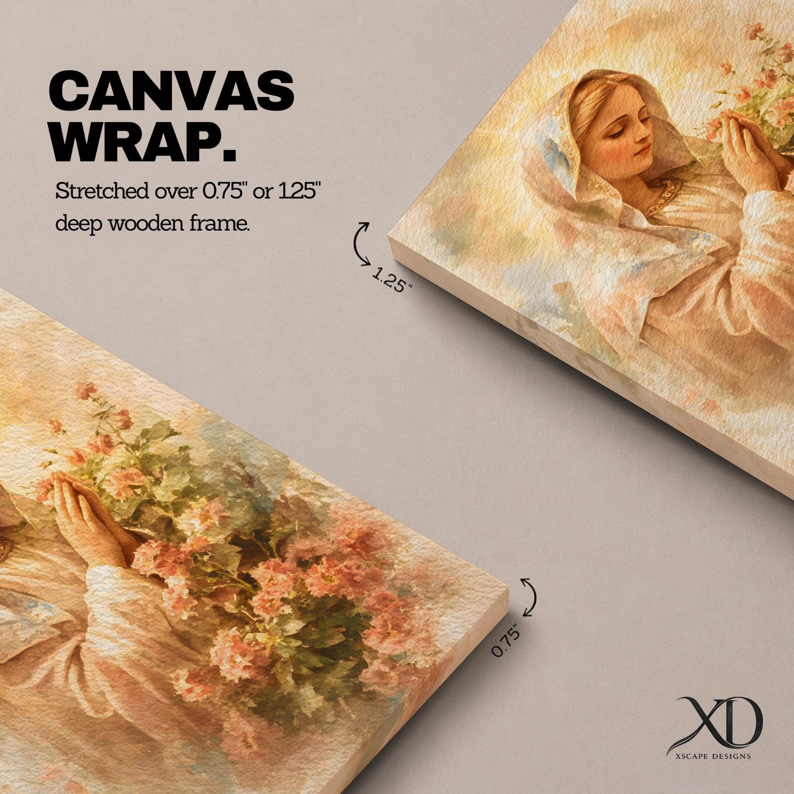 A vintage-style framed canvas painting of the Virgin Mary, also known as Madonna, depicted with hands clasped in prayer surrounded by soft floral elements. The artwork features warm tones and a classic Christian theme, emphasizing devotion and serenity.
