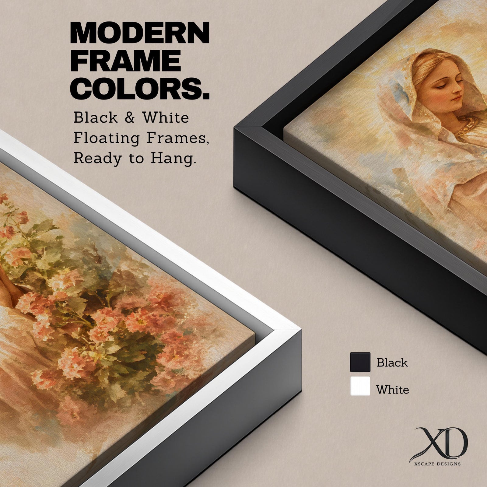 A vintage-style framed canvas painting of the Virgin Mary, also known as Madonna, depicted with hands clasped in prayer surrounded by soft floral elements. The artwork features warm tones and a classic Christian theme, emphasizing devotion and serenity.