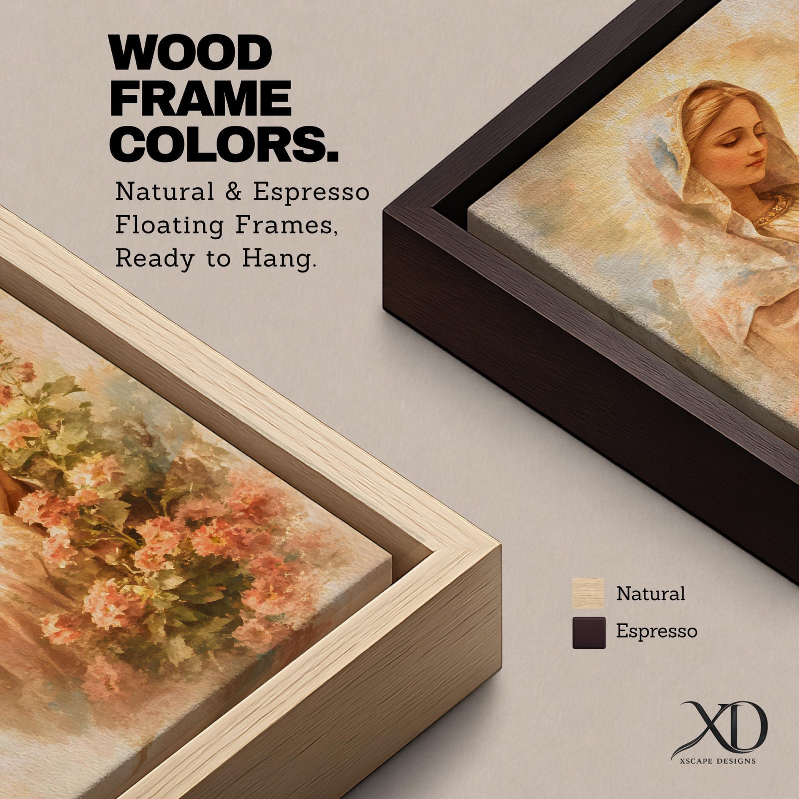 A vintage-style framed canvas painting of the Virgin Mary, also known as Madonna, depicted with hands clasped in prayer surrounded by soft floral elements. The artwork features warm tones and a classic Christian theme, emphasizing devotion and serenity.