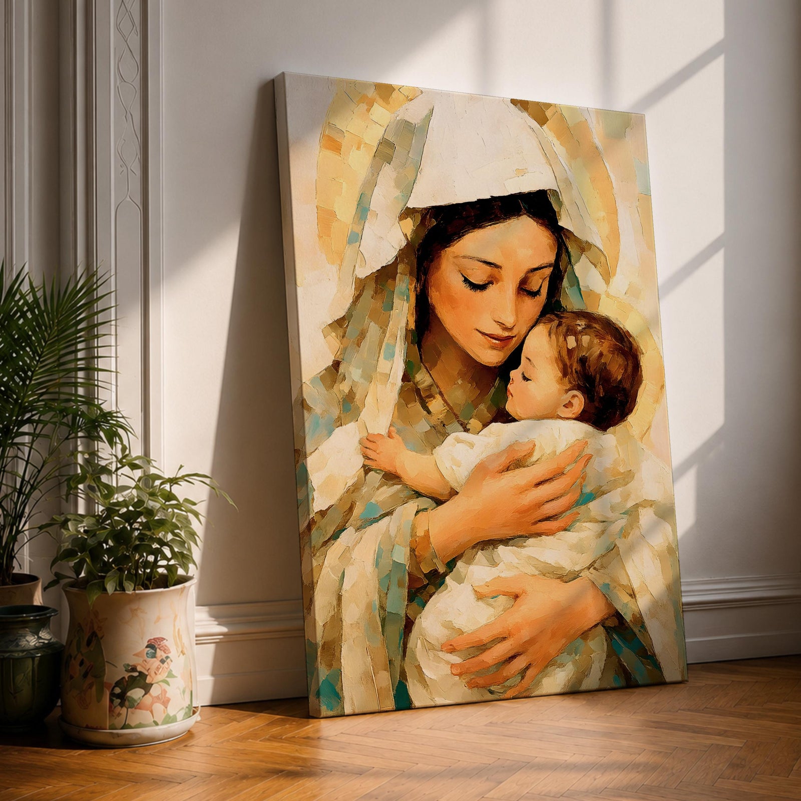 Classic devotional illustration of Mary holding the infant Jesus in a tender embrace, portraying the Madonna and Child with gentle expressions, Mary draped in flowing blue robes with a soft halo while baby Jesus rests in her arms, rendered in warm antique tones with delicate shading and a traditional Catholic sacred family composition.