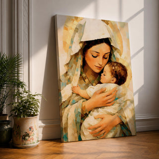 Classic devotional illustration of Mary holding the infant Jesus in a tender embrace, portraying the Madonna and Child with gentle expressions, Mary draped in flowing blue robes with a soft halo while baby Jesus rests in her arms, rendered in warm antique tones with delicate shading and a traditional Catholic sacred family composition.