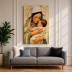 Classic devotional illustration of Mary holding the infant Jesus in a tender embrace, portraying the Madonna and Child with gentle expressions, Mary draped in flowing blue robes with a soft halo while baby Jesus rests in her arms, rendered in warm antique tones with delicate shading and a traditional Catholic sacred family composition.