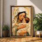 Classic devotional illustration of Mary holding the infant Jesus in a tender embrace, portraying the Madonna and Child with gentle expressions, Mary draped in flowing blue robes with a soft halo while baby Jesus rests in her arms, rendered in warm antique tones with delicate shading and a traditional Catholic sacred family composition.