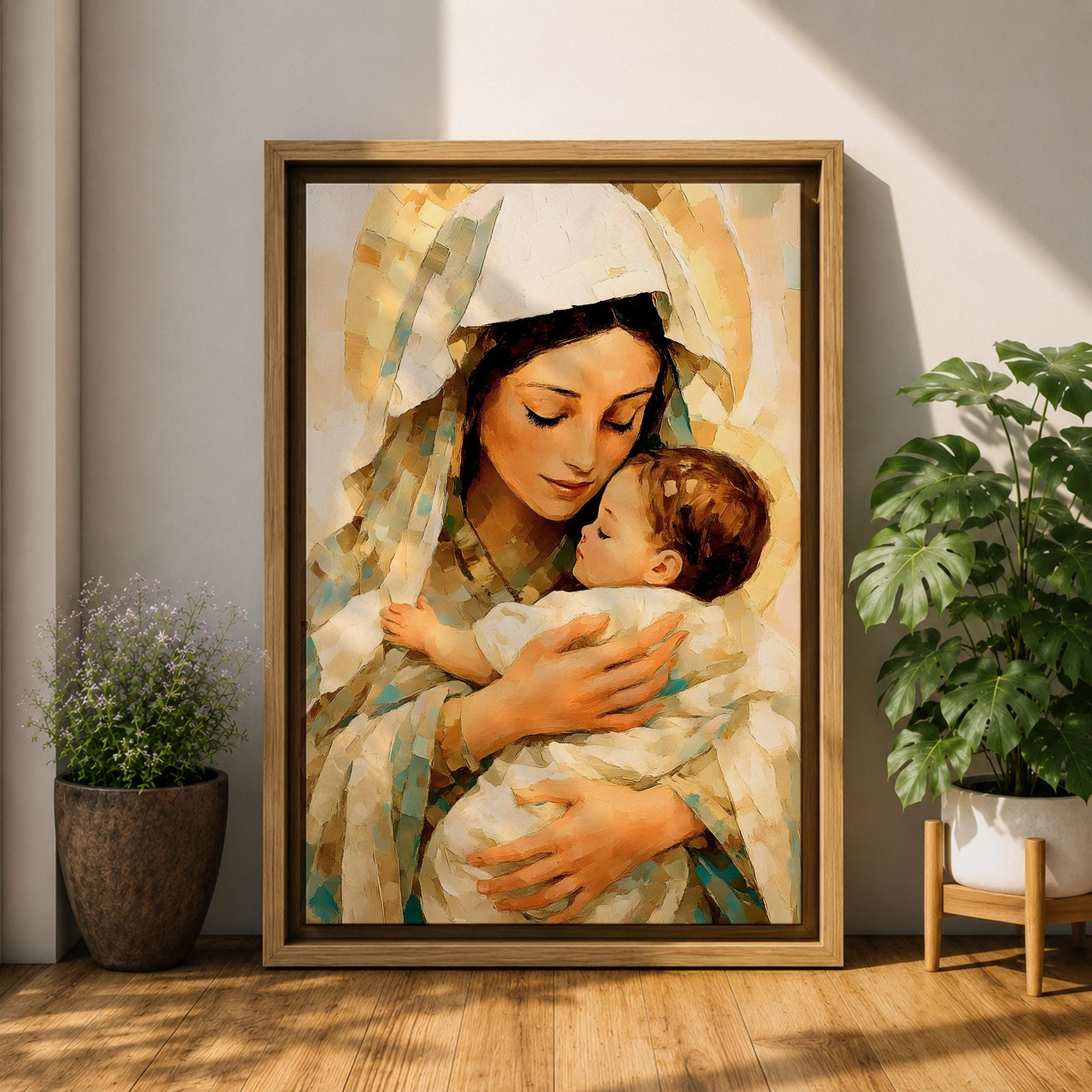 Classic devotional illustration of Mary holding the infant Jesus in a tender embrace, portraying the Madonna and Child with gentle expressions, Mary draped in flowing blue robes with a soft halo while baby Jesus rests in her arms, rendered in warm antique tones with delicate shading and a traditional Catholic sacred family composition.