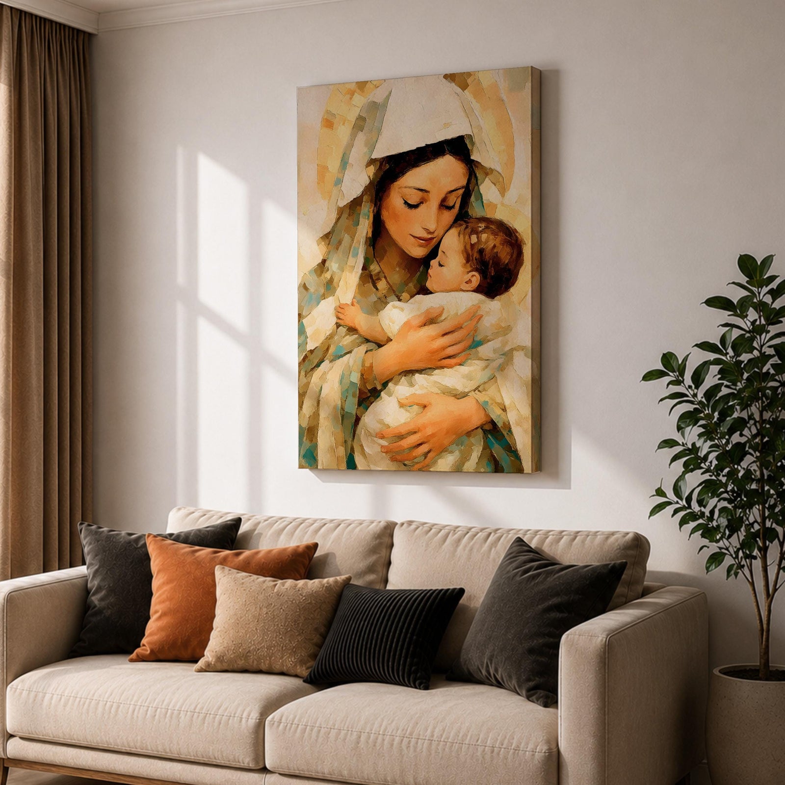 Classic devotional illustration of Mary holding the infant Jesus in a tender embrace, portraying the Madonna and Child with gentle expressions, Mary draped in flowing blue robes with a soft halo while baby Jesus rests in her arms, rendered in warm antique tones with delicate shading and a traditional Catholic sacred family composition.