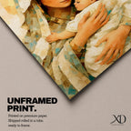 Classic devotional illustration of Mary holding the infant Jesus in a tender embrace, portraying the Madonna and Child with gentle expressions, Mary draped in flowing blue robes with a soft halo while baby Jesus rests in her arms, rendered in warm antique tones with delicate shading and a traditional Catholic sacred family composition.