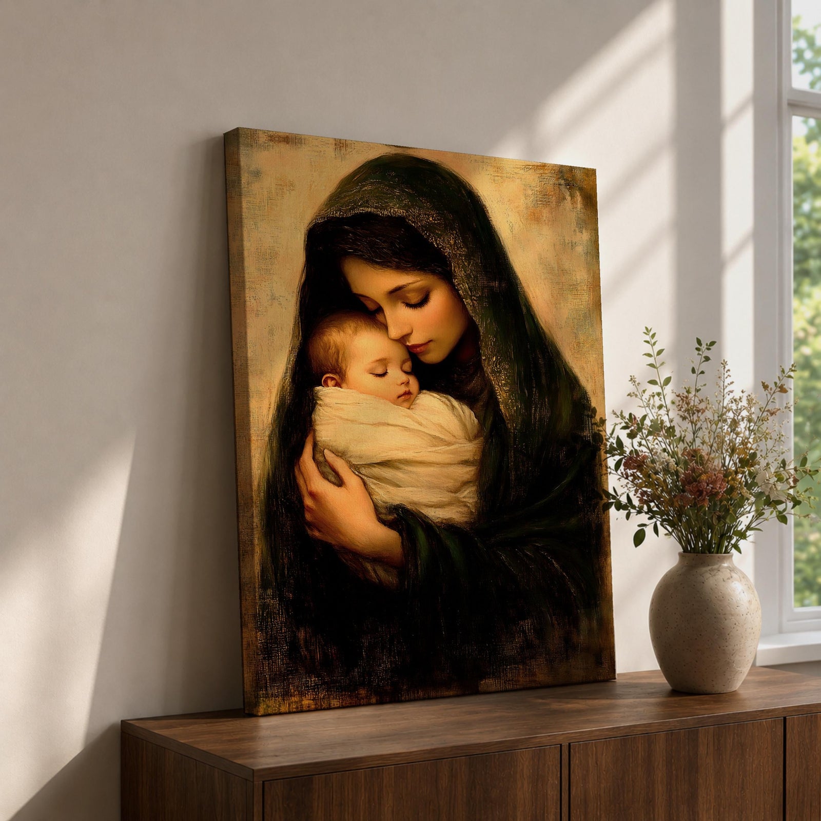 A vintage devotional depiction of the Virgin Mary holding the child Jesus in a tender Madonna and Child composition, with Mary gently embracing the infant while both figures are rendered in soft classical tones, delicate shading, and traditional Catholic icon style emphasizing maternal warmth and sacred symbolism.
