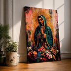 A devotional depiction of La Virgen Morena as Our Lady of Guadalupe standing with hands clasped in prayer, wearing a rose colored gown and a teal mantle covered in gold stars, surrounded by radiant golden rays and standing above a crescent moon with an angel beneath, framed by floral elements in a Mexican Catholic style.