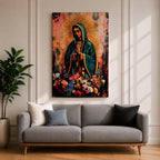 A devotional depiction of La Virgen Morena as Our Lady of Guadalupe standing with hands clasped in prayer, wearing a rose colored gown and a teal mantle covered in gold stars, surrounded by radiant golden rays and standing above a crescent moon with an angel beneath, framed by floral elements in a Mexican Catholic style.
