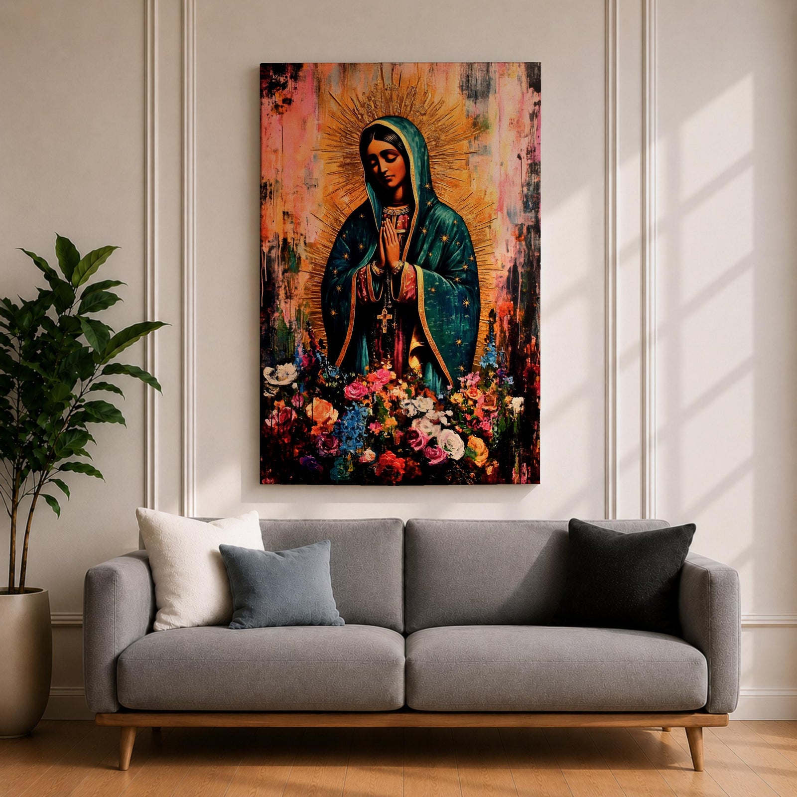 A devotional depiction of La Virgen Morena as Our Lady of Guadalupe standing with hands clasped in prayer, wearing a rose colored gown and a teal mantle covered in gold stars, surrounded by radiant golden rays and standing above a crescent moon with an angel beneath, framed by floral elements in a Mexican Catholic style.