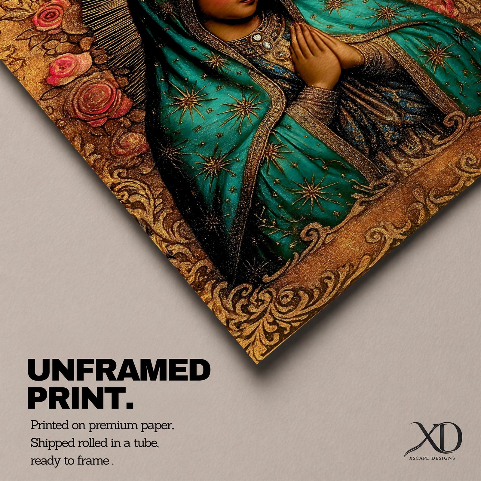 A vintage devotional depiction of Our Lady of Guadalupe standing with hands clasped in prayer, wearing a rose colored gown and a teal mantle filled with gold stars, surrounded by radiant golden rays and standing above a crescent moon with an angel beneath, rendered in a classic Mexican Catholic style with aged tones.