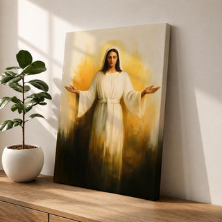 A vintage devotional depiction of the Virgin Mary as Our Lady of Grace standing with arms gently extended and rays of light flowing from her hands, dressed in a flowing white robe with a pale blue mantle, rendered in classic Marian icon style with soft aged tones and delicate shading emphasizing the serene sacred figure.