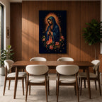 Illustration of Our Lady of Guadalupe standing with hands clasped in prayer, wearing a rose colored gown and star covered teal mantle surrounded by radiant golden rays, framed by decorative floral elements, rendered in warm tones with soft shading in a modern devotional style inspired by traditional Mexican Catholic imagery.